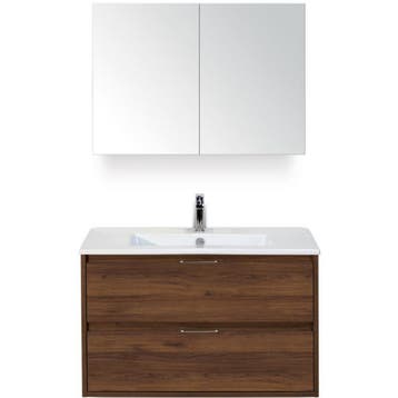 Porto Badmeubelset 90 cm - Walnoot - Keramische Wastafel Wit, Huis en Inrichting, Ophalen of Verzenden, Nieuw