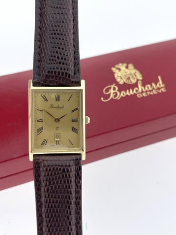 BOUCHARD Geelgouden Heren Polshorloge Dresswatch Jaren 90, Leer, Polshorloge, Zo goed als nieuw, Goud