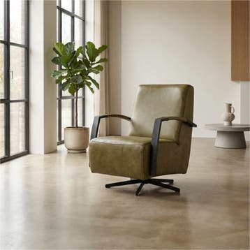 Leren draaifauteuil Mood - Granada Olive (olijf) - Stervoet, Nieuw, Ophalen of Verzenden, 50 tot 75 cm, Industrieel, Modern
