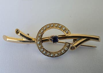 Broche - 18 karaat Geel goud Saffier - Parel