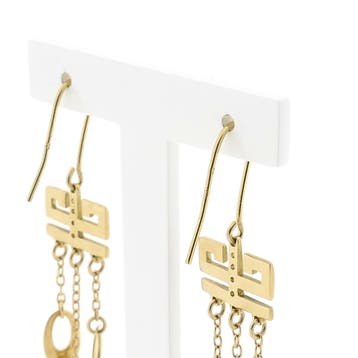 Gouden oorbellen met meander en losse bedels met zirconia, Gebruikt, Ophalen of Verzenden, Met edelsteen, Goud