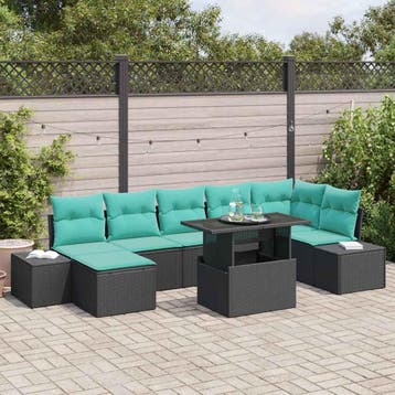 vidaXL Tuin Sofa Set 8 st Zwart en Blauw poly rattan, Verzenden, Nieuw, Rotan, 8 zitplaatsen