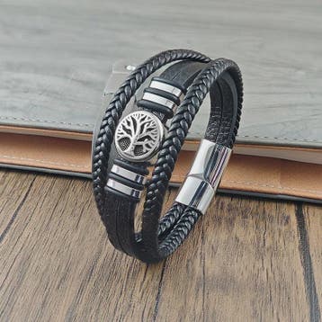 Heren Leren Armband met Levensboom & Roestvrij Staal - Stoer, Verzenden, Nieuw