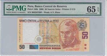 2006 Peru 50 Nuevos Soles Pick 180b Pmg Gem Unc 65 Epq, Verzenden