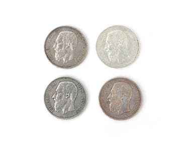 Vier zilveren munten, 5-Francs, België, 19e eeuw