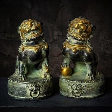 Beeld, Paar foo dogs (Zonder Minimumprijs) - 11 cm - Brons, Antiek en Kunst