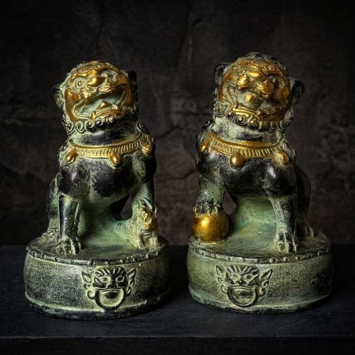 Beeld, Paar foo dogs (Zonder Minimumprijs) - 11 cm - Brons, Antiek en Kunst, Kunst | Designobjecten