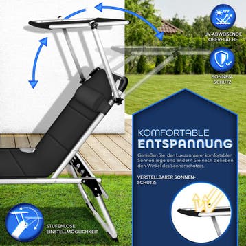 tillvex® Ligstoel met luifel en hoofdsteun, zwart - Premium, Verzenden, Zo goed als nieuw
