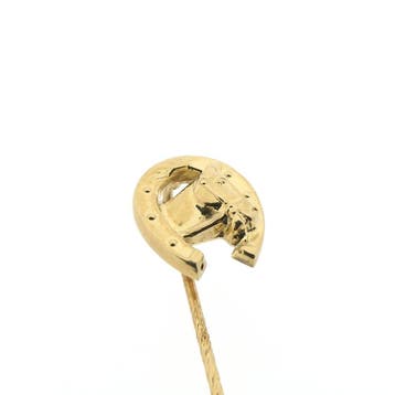 Gouden reversspeld; Paard en hoefijzer, Ophalen of Verzenden, Gebruikt, Overige kleuren, Goud