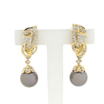 Gouden oorstekers met Tahiti parel en diamanten; 1,36 ct., Gebruikt, Ophalen of Verzenden, Met edelsteen, Goud