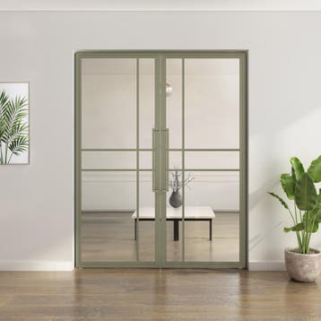 Dubbele stalen taatsdeur 6 Vlaks  Olijfgroen Helder glas Lux, Minder dan 80 cm, Overige typen, Nieuw, Metaal