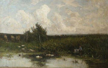 Marinus Heijl (1836-1931 ) - Visser inlandschap met koeien, Antiek en Kunst