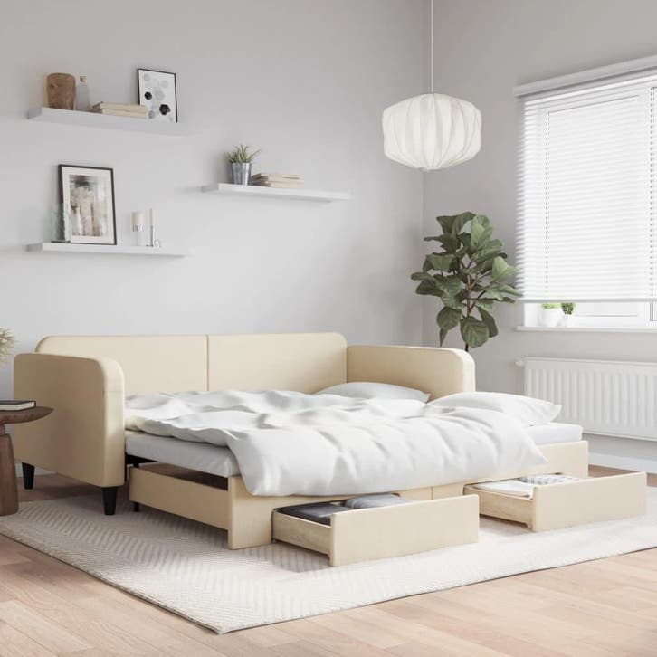 vidaXL Slaapbank met onderschuifbed en lades 100x200 cm stof, Huis en Inrichting, Slaapkamer | Bedden, 100 cm, 200 cm, Crème, Eenpersoons