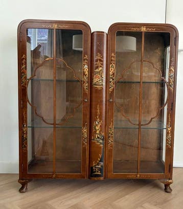 Vitrinekast - Walnoot - Art Deco Chinoiserie kast