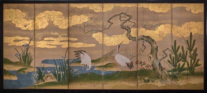 Een zesdelig vouwscherm van goudfolie uit de Kano-school,, Antiek en Kunst, Antiek | Overige Antiek