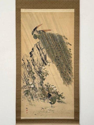 Pauwen en Rozen in de Regen - Zijde - Gunpo - Japan - Meiji