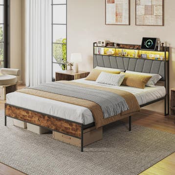 90x200cm Bedframe met LED Opberg Hoofdbord - Metaal & Hout -, Verzenden, Nieuw