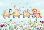 Dieren in de trein behang, Babykamer, kinderkamer, op maat, Verzenden, Nieuw, Wanddecoratie