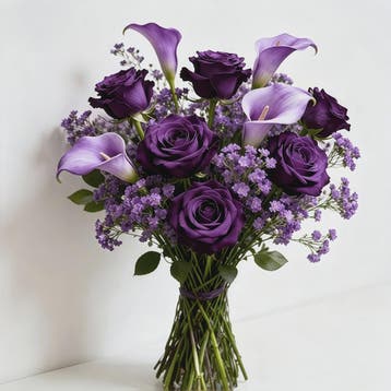 Kunstboeket Paarse Rozen, Calla Lelies & Gipsenkruid - 16 St, Verzenden, Nieuw