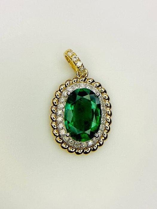 Hanger - 14 karaat Geel goud - 2.07ct. tw. Smaragd - Diamant, Sieraden, Tassen en Uiterlijk, Antieke sieraden