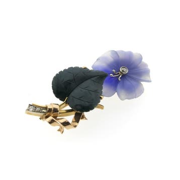 Tricolor gouden broche met gekleurd glas, jade en diamant..., Gebruikt, Ophalen of Verzenden, Met edelsteen, Goud