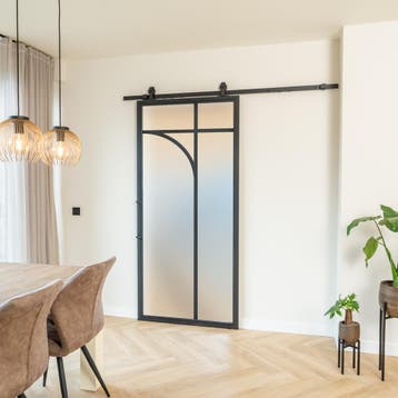 Stalen Schuifdeur - Zwart - 5 Vlaks rond - Matglas, 75 tot 150 cm, Nieuw, 150 tot 225 cm, Metaal