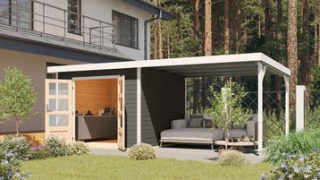Tuinhuis Pluto B met Overkapping Antraciet/Wit 571 x 271 cm, Nieuw