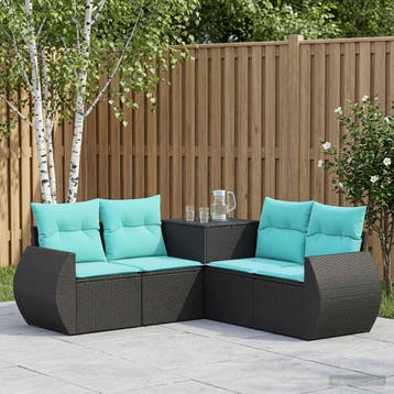 vidaXL Bankstel 5 st Zwart en Blauw Poly Rattan en Staal, Verzenden, Nieuw