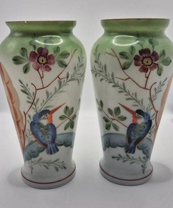 Harrach - Vaas (2) - Opaline glas - Ijsvogel Jugendstil, Antiek en Kunst, Antiek | Glas en Kristal