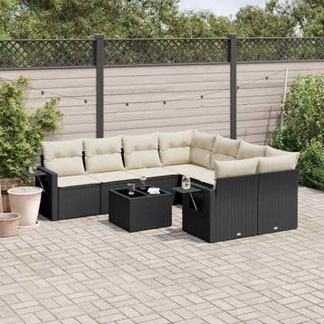 vidaXL 9-delige Loungeset met kussens poly rattan zwart, Tuin en Terras, Verzenden, Nieuw, Loungeset