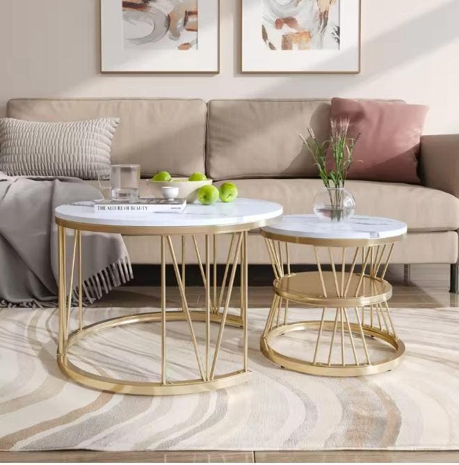 Salontafel set van 2 – Marmerlook en Goudkleurig Frame, Huis en Inrichting, Tafels | Salontafels, Nieuw, Verzenden