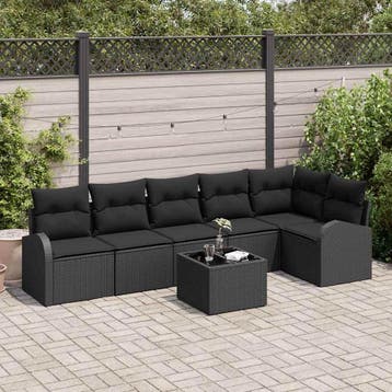 vidaXL Tuin Sofa Set met kussen 7 pcs Zwart Poly riet, Verzenden, Nieuw, 7 zitplaatsen