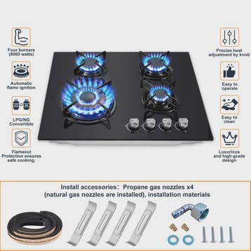 Inbouw Gasfornuis 60cm met 4 Branders | Gehard Glas | Automa, Verzenden, Nieuw
