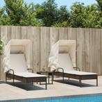 vidaXL Ligbedden 2 st met luifels en tafel poly rattan bruin, Tuin en Terras, Verzenden, Nieuw