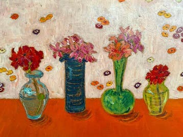 Ina van der Wateren (1946) - Geraniums op oranje tafel 1,