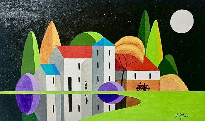 V. Altieri (1977) - Il Silenzio della Luna Verde, Antiek en Kunst, Kunst | Schilderijen | Klassiek