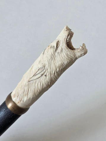 Wolf - Gedetailleerd Handsnijwerk Wandelstok - Hertengewei, Antiek en Kunst