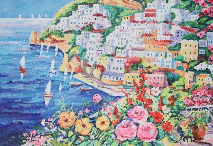 Alfredo Grimaldi (1950) - Positano, Antiek en Kunst, Kunst | Schilderijen | Klassiek