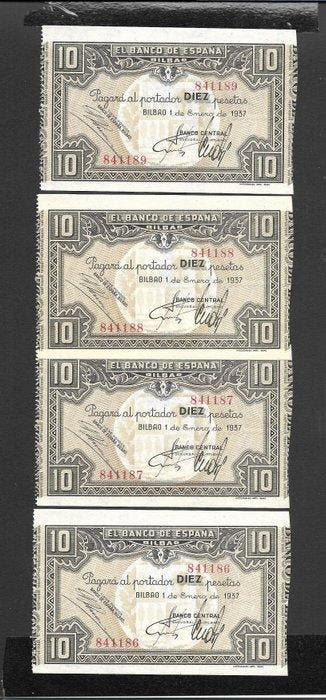 Spanje. - 4 Banknotes Pesetas - 1937- Consecutive (Zonder