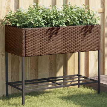 vidaXL Plantenbak met schap poly rattan bruin, Verzenden, Nieuw, Minder dan 60 cm, 60 cm of meer