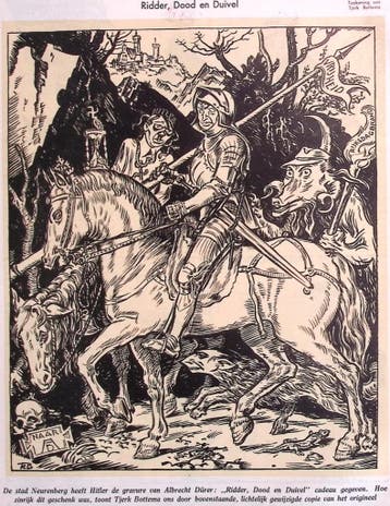 Parodie van de Ridder, Dood en Duivel op spotprent (Lithos), Verzenden