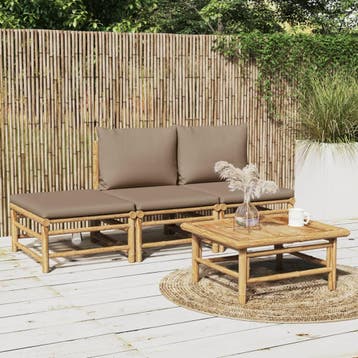 vidaXL 4-delige Loungeset met kussens bamboe taupe, Verzenden, Nieuw, Hout, Loungeset