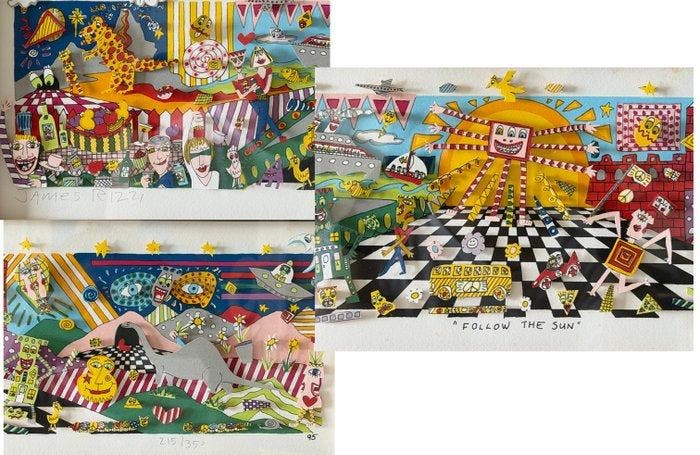 James Rizzi (1950-2011) - FOLLOW THE SUN3D silkscreen, Antiek en Kunst, Kunst | Designobjecten