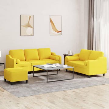 vidaXL 3-delige Loungeset met kussens stof lichtgeel, Verzenden, 150 tot 200 cm, Nieuw, Stof