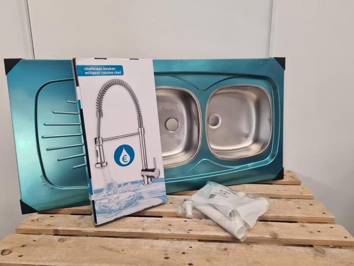 Buitenkeuken dubbele spoelbak set RVS / chroom 120 x 60 cm, Doe-het-zelf en Verbouw, Sanitair, Kraan, Nieuw, Chroom, Ophalen of Verzenden