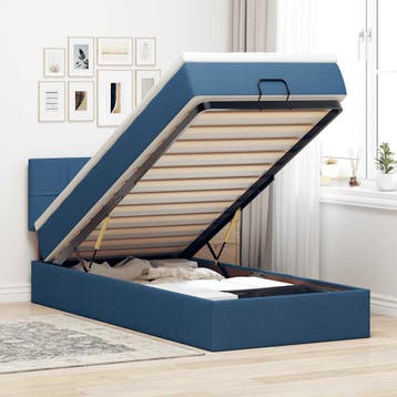 vidaXL Bed poef met matras en LEDs 90x200 cm stof blauw, 90 cm, Eenpersoons, Nieuw, 200 cm