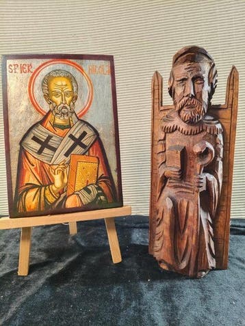 Figuur - Sa Nicola di Mira (2) - Hout, Pigmenten, Zilverblad