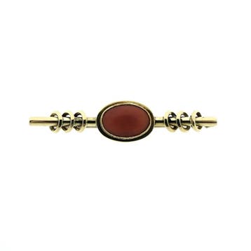 Vintage gouden broche met bloedkoraal, Gebruikt, Overige kleuren, Ophalen of Verzenden, Met edelsteen