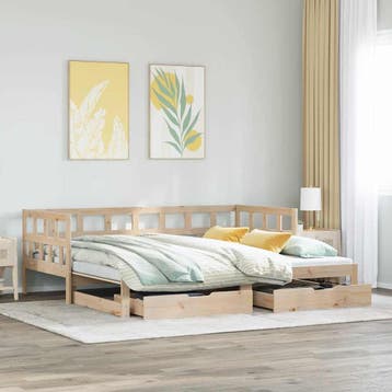 vidaXL Slaapbank met onderschuifbed en lades zonder matras, Huis en Inrichting, Slaapkamer | Bedden, Eenpersoons, Bruin, Verzenden