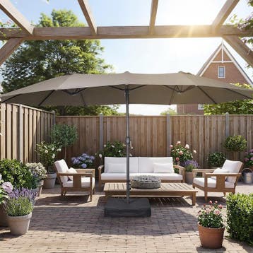 Dubbele parasol met voet – taupe - 450 x 265 x 278 cm |, Tuin en Terras, Parasols, Verzenden, Nieuw